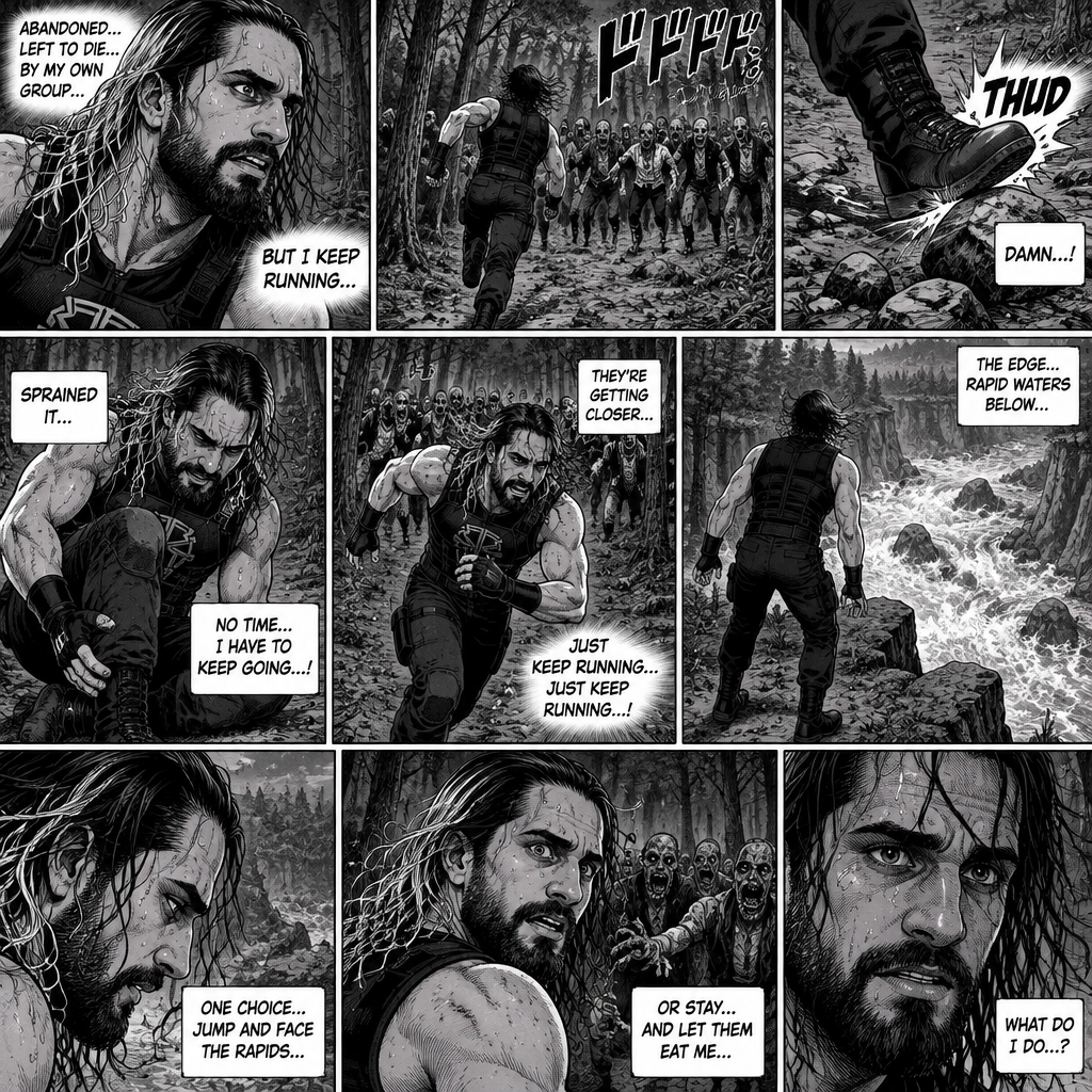 We’re in the woods during a zombie apocalypse,Someone was running…and that someone…is Seth Rollins. He was running from a zombie horde after being abandoned and left to die by his own group. He kept running….Till he tripped on a rock and sprained his ankle. The zombie horde was gaining on Seth,So he kept running despite the pain in his ankle. He was running and running….till he got to the edge of a cliff. He looks down,There was rapid water at the bottom. He turned around…the Zombie horde was getting closer. At this point…Seth had two choices,Either let the zombies eat him..or jump into the rapids