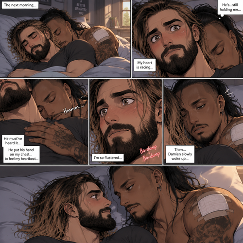 (Recap). Seth Rollins (College student) had just finished studying late at night,Then there was a noise downstairs,he investigated,the front door was open,He closed,Then there was a dripping noise in the kitchen,He goes to investigate,it was just a leaky faucet,He turned it off,he turned around,Damien priest (The bad boy) was right behind him,His chest had scratch marks on it and his shoulder had a huge bite mark on it,Seth was horrified,He goes to turn on the light but Damien grabbed his wrist before he could,he pulled Seth closer to him,Then he puts his head on Seth’s shoulder,His body was shaking a little as if he was crying,he said to Seth “Help me…please…Angel”,Seth slowly wrapped his arms around Damien,Damien’s body slowly relaxed as if he felt safe in Seth’s arms,Seth takes Damien to the bathroom,he grabs a first aid kit,he gently cleans Damien’s wounds and bandages them afterwards,Seth said “There,That should do it,Damien looks up at Seth and softly said “Thank you,Angel”,Seth blushed a little and said to Damien “you’re welcome” (And now part 3). The next morning,Seth and Damien were asleep in Seth’s bed,Seth slowly woke up,He was in Damien’s embrace. He blushed and his heart fluttered. Damien must’ve heard it because he subconsciously put his hand on Seth’s chest to feel Seth’s heartbeat and hummed softly in his sleep. Seth was flustered,Then…Damien slowly woke up