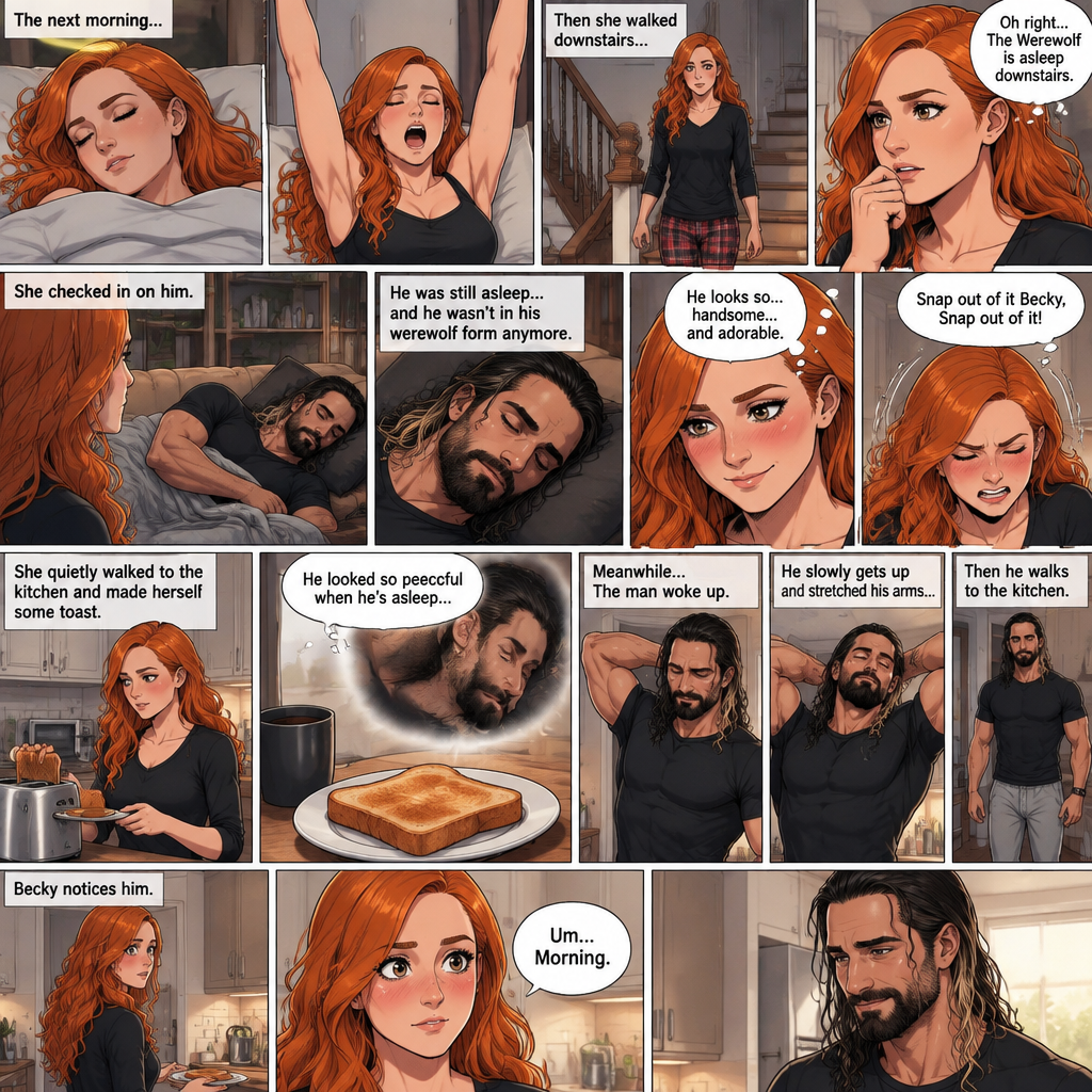 (Part 3 of the werewolf x human story) The next morning,Becky Lynch was asleep in her bed. Then she woke up. She got up and stretched her arms. She walked downstairs…then she remembered that the Werewolf (Seth Rollins) was asleep downstairs. She checked in on him. He was still asleep…and he wasn’t in his werewolf form anymore. She couldn’t help but look at him…and blush. “He looks so…handsome…and adorable” Becky said to herself. Then she shook her head. “Snap out of it Becky,Snap out of it” Becky said to herself. She quietly walked to the kitchen and made herself some toast. She couldn’t help but think about how peaceful he looked when he’s asleep. Meanwhile,The man woke up. He slowly gets up and stretched his arms,Then he walks to the kitchen. Becky notices him. “Um..Morning” Said Becky