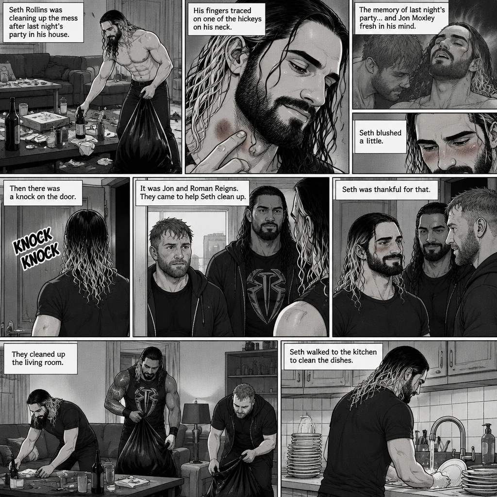 (Part 2) Seth Rollins was cleaning up the mess after last night’s party in his house. His fingers traced on one of the hickeys on his neck. The memory of last night’s party…and Jon Moxley Fresh in his mind. Seth blushed a little,Then there was a knock on the door. Seth walked to the door and answered it,It was Jon and Roman Reigns. They came to help Seth clean up. Seth was thankful for that. They cleaned up the living room. Seth walked to the kitchen to clean the dishes