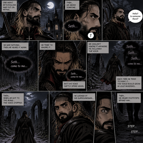 Seth Rollins is a vampire hunter,One night he was out on patrol…then….he heard someone…softly call out his name. “Hello?,Is someone there?” Seth called out. He saw nothing….then he heard it again,He tried to ignore it…but the voice softly spoke again “Seth…come to me”. He couldn’t ignore it anymore,he followed the voice. Each time he tried to fight it…the voice would grow in loud whispers,Then….when he got to the ruins…the voice stopped. He looked at his surroundings,Then…he heard footsteps behind him