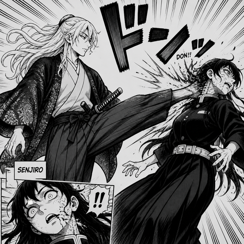 Senjiro kicks her in the neck)