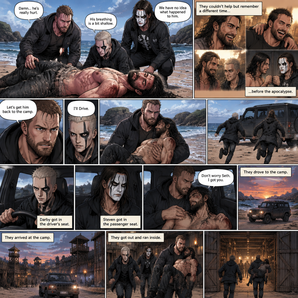 Part 3 of the apocalypse story.Jon Moxley,Darby Allin and Steven Borden (Sting’s son) Found Seth Rollins unconscious and badly injured on the beach while reminiscing about the time before the apocalypse.They had no idea what happened to him.Seth’s breathing was a bit shallow. “Let’s get him back to the camp” Said Jon. “I’ll Drive” Said Darby. Darby and Steven ran to the car,Jon lifted Seth in his arms and followed behind.Darby got in the driver’s seat,Steven got in the passenger seat and Jon got in the back while holding Seth.They drove to the camp,Jon held Seth tightly. “Don’t worry Seth,I got you” Jon whispered.They arrived at the camp,They got out and ran inside