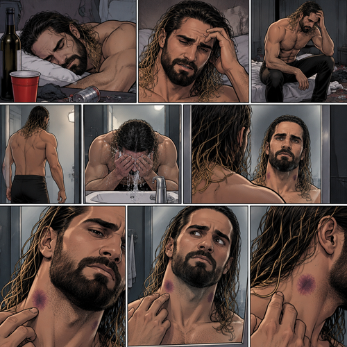 Seth Rollins was asleep after a party last night. Seth slowly woke up hungover,He can barely remember what happened at the party. He slowly got up,then he slowly walked to the bathroom. He splashed cold water in his face,Then he looked in the mirror…then…he noticed something on his neck,It was a hickey. Then he noticed….another hickey on the other side of his neck