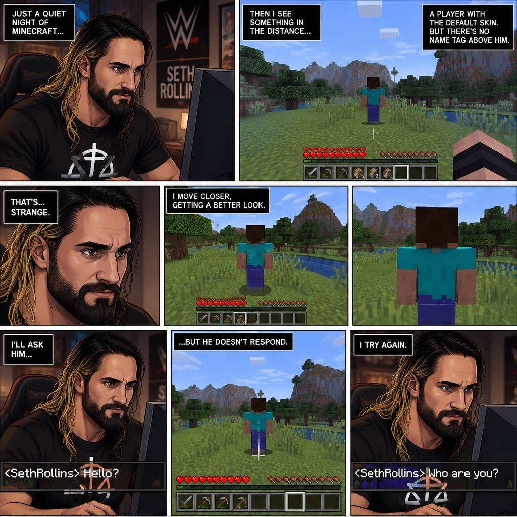 Seth Rollins was playing Minecraft alone on his computer,Then he sees something in the distance. It was a player with the default skin,His back was facing Seth. The strange thing about this player…was that there was no name tag above him. Seth got suspicious,He moved his character closer to the player,Then he typed in the chat bar “Hello?”. The player didn’t respond. Seth typed in the chat bar again “Who are you?”