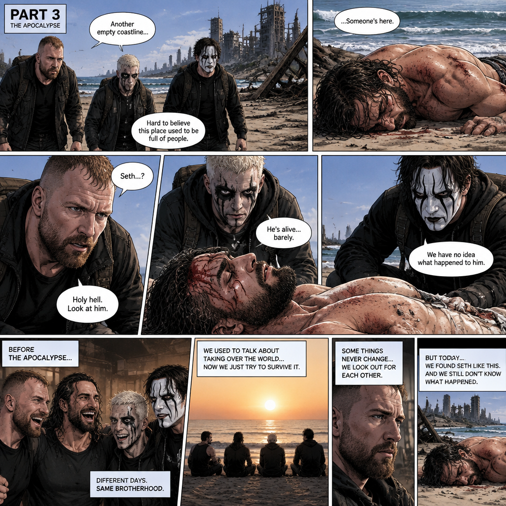 Part 3 of the apocalypse story.Jon Moxley,Darby Allin and Steven Borden (Sting’s son) Found Seth Rollins unconscious and badly injured on the beach while reminiscing about the time before the apocalypse.They had no idea what happened to him