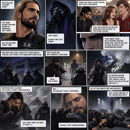 Seth Rollins is a secret agent,For years he was tracking down the nefarious Jeff Hardy…But he escaped every time. Years ago back in high school Seth had a girlfriend…then she cheated on him and humiliated him front of the entire school,Ever since then he’s stopped making room for love in his life In fear he would get heartbroken again. One night Seth and a group of other agents tracked Jeff down to an abandoned warehouse,they found him…He’s wearing a gas mask. Seth slowly realizes…it was a trap,But before anyone could do anything Jeff threw a can of knock out gas in the air and shot it. Everyone was coughing and slowly losing consciousness,Only Seth tried his best to fight it….But…He couldn’t fight it anymore…Slowly lost consciousness. All of the agents are unconscious,Jeff slowly walked to the unconscious Seth