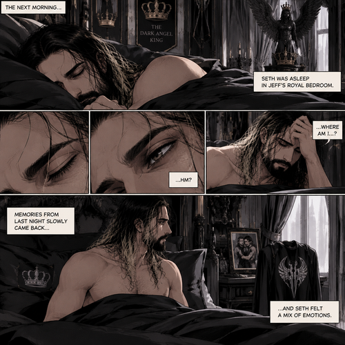 (Recap) Jeff Hardy (The dark angel king) was comforting Seth Rollins in the men’s bathroom of a fancy restaurant after Seth had a panic attack after flashbacks about his childhood and his abusive father,Jeff gently pulled Seth into his embrace,He gently rubbed Seth’s back to try to soothe him while Seth was coughing and crying,After about a minute Seth slowly stopped crying and his body relaxed in Seth’s arms,Jeff was relieved,Jeff slowly picked Seth up in his arms,he walked out of the restaurant,spread his wings and took flight,Seth held on tight. (And now part 3). The next morning,Seth was asleep in Jeff’s royal bedroom,After awhile he  woke up