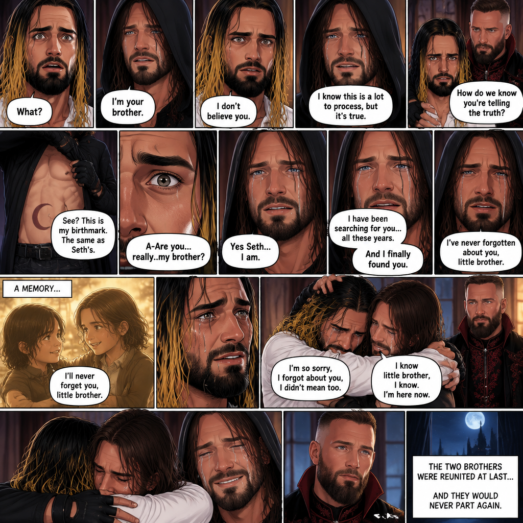 (Recap) Seth Rollins (The vampire hunter turned Bride of the vampire king) was looking at himself in the mirror reeling in the fact that he’s getting married to the vampire king next week,his heart knows that,Then he saw a mysterious figure (Aj Styles) who was standing right behind him in the reflection,Jon Moxley (The vampire king) was handling the wedding preparations,then he heard a loud crash and Seth yelling “LET ME GO!!!” In the bedroom,he used his vampire speed to rush to the bedroom,The mysterious figure tries to drag Seth out the window,Seth struggles,Jon arrives just in time and attacks the mysterious figure,after that he rushes to Seth to see if he’s ok,the mysterious figure slowly gets up,Jon is about to attack,Then the mysterious figure spoke “Wait!”,”Seth…please listen to me,Seth was confused by how the man knew his name,The mysterious figure takes off his hood and drops a bombshell “My name is Aj…I’m your brother Seth,Jon and Seth were shocked by what he said. (And now part 7). Seth was stunned. “What?” Seth asked. “I’m your brother” said Aj. Seth shook his head a little. “I don’t believe you” Said Seth. “I know this is a lot to process,but it’s true” said Aj. Jon gently pulled Seth to his side. “How do we know you’re telling the truth?” Jon asked cautiously. Aj shows his birthmark,It’s the shape of a crescent moon…just like Seth’s. Seth was stunned,All this time….he thought he was the only one with that birthmark. “A-Are you…really..my brother?” Seth asked. “Yes Seth…I am” said Aj. “I have been searching for you…all these years” Aj paused,Tears welling up in his eyes. “And I finally found you” Aj continued. Seth didn’t know what to say,Neither did Jon. “I’ve never forgotten about you,little brother” Said Aj. Something flashed in Seth’s mind…it was a memory….of himself and Aj when they were little. Aj (as a kid) had promised Seth he would never forget him. The flashback ends. Tears welled up in Seth’s eyes. Seth and Aj hugged each other. Jon just watched. “I’m so sorry,I forgot about you,I didn’t mean too” Seth said through his tears. “I know little brother,I know,I’m here now” Aj said through his tears. The two brothers were reunited at last…and they would never part again. (End of part 7)