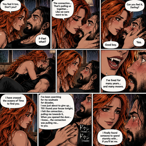 Part 2.The setting is still at Seth Rollins’s house,It’s still raining outside.”You feel it too,Don’t you” Asked Becky Lynch. “F-Feel what?” Asked Seth Rollins nervously.Becky gets closer to Seth. “The connection…That’s pulling us together…Like we were ment to be” Becky said softly.Seth’s heart fluttered.Becky can hear it,She gently puts her hand on his cheek and leaned towards him. “Can you feel it,Darling?” Becky Asked Softly.Something about her voice made Seth unable to resist her. “Yes” Seth whispers. “Good boy” Becky whispers.Their lips connect softly,Becky gently pushes Seth on his back on the couch while they kiss.They eventually pull away and look at each other.Becky smiles gently at him,That’s when….Seth Notices vampire fangs in her teeth,He was bewildered…But not scared. “I’ve lived for many years…and many moons” Becky said softly. “I have crossed the oceans of Time to find you” Becky said softly.Seth’s heart fluttered again,Becky heard it,She gently puts her hand on his chest to feel it.Seth blushed. “I’ve been searching for my soulmate for decades,I was just about to give up….Till I found your house tonight,I felt the connection…pulling me towards it,When you opened the door…I knew…the connection was pulling me…to you” Said Becky “I finally found someone to spend eternity with…If you’ll let me” Becky said softly. Seth Blushed more