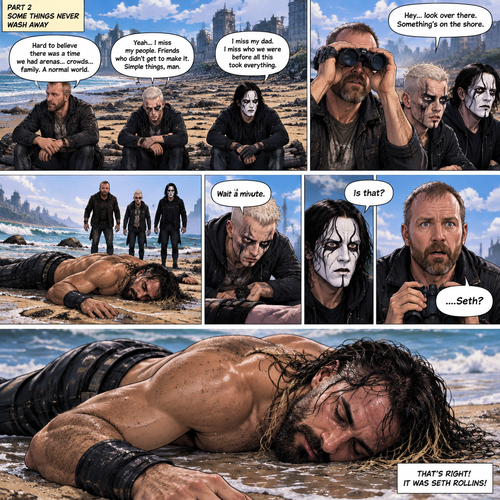 Part 2 of the apocalypse story.Jon Moxley,Darby Allin and Steven Borden (Sting’s son) were on a beach reminiscing about the time before the apocalypse and the people they missed.Then they noticed an unconscious person washed up on shore.Then They made a realization. “Wait a minute” said Darby. “Is that?” Asked Steven. Jon slowly lowered his binoculars,Eyes widened in shock.He couldn’t believe it. “….Seth?” Said Jon. That’s right! It was Seth Rollins!