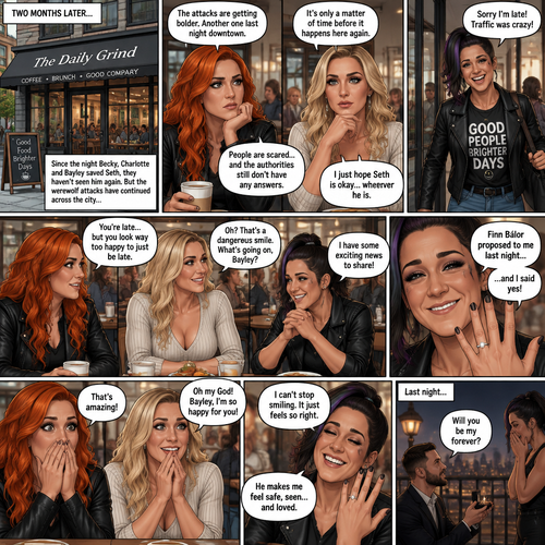 (Part 2 of the Werewolf X human story). It’s been two months since the night Becky Lynch and Her friends Charlotte Flair and Bayley saved the Man (Seth Rollins). They haven’t seen him since. Becky and charlotte were having brunch at a cafe,They were talking about the recent werewolf attacks. Then Bayley showed up late….with a happy grin on her face. She apologized for being late and sat at the table. Then she said she’s has some exciting news to share with the two of them….Finn Bálor proposed to her last night…and she said yes