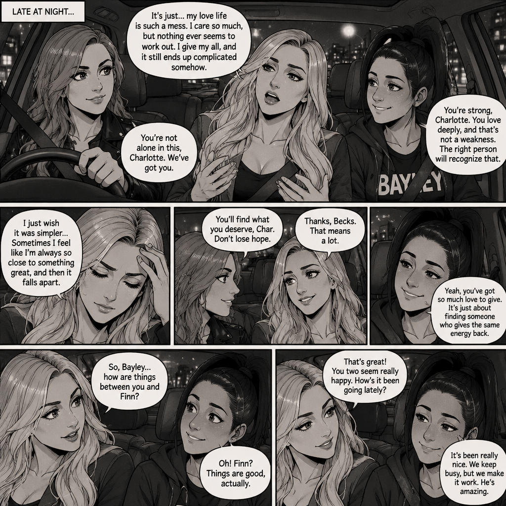 It was late at night,Becky Lynch Was in a car with Charlotte Flair and Bayley. They were driving to Becky’s house. Charlotte was talking about her complicated love life. Becky and Bayley were giving her words of comfort and support. Charlotte then asked Bayley how things were between her and Finn Bálor (They’re dating in this story)