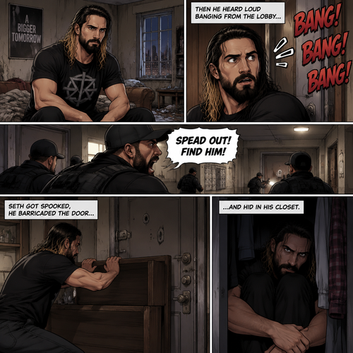 Seth Rollins was living in a run down apartment,Then he heard loud banging from the lobby,Then he heard a man shouting. “SPEAD OUT! FIND HIM!” Said the voice.Seth got spooked,He barricaded the door and hid in his closet