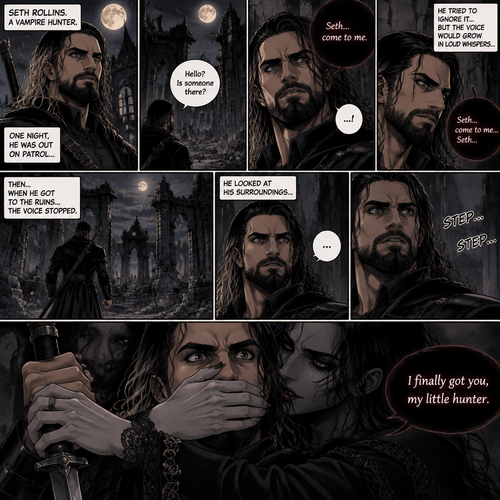Seth Rollins is a vampire hunter,One night he was out on patrol…then….he heard someone…softly call out his name. “Hello?,Is someone there?” Seth called out. He saw nothing….then he heard it again,He tried to ignore it…but the voice softly spoke again “Seth…come to me”. He couldn’t ignore it anymore,he followed the voice. Each time he tried to fight it…the voice would grow in loud whispers,Then….when he got to the ruins…the voice stopped. He looked at his surroundings,Then…he heard footsteps behind him. Just as he grabbed his weapon…a hand grabbed his wrist from behind and another hand covered his mouth from behind. The voice whispered in his ear “I finally got you,my little hunter”