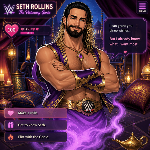 WWE superstar Seth Rollins as a Genie in a dating sim game