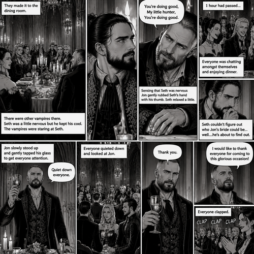 (Recap) Seth Rollins (The vampire hunter) was in a royal bedroom lost in thought,The maids knocked on the door and said “Greetings Hunter,Our King has asked us to help you get ready for the feast”,One of the maids brushed Seth’s hair and put it in a neat bun while the other maids get his fancy outfit ready,Seth puts the fancy outfit on,they left the room,Jon Moxley (the vampire king was waiting for them at the bottom of the stairs,Jon thought Seth looked perfect,He dismissed the maids,gently took Seth’s hand and walked to the dining room. (And now part 4). They made it to the dining room,there were other vampires there. Seth was a little nervous but he kept his cool. Jon and Seth took their seats,Jon’s seat was at the head of the table and Seth’s seat was right beside Jon’s. The vampires were staring at Seth,He’s a little nervous. Sensing that Seth was nervous Jon gently rubbed Seth’s hand with his thumb. “You’re doing good,My little hunter,You’re doing good” Jon whispered to Seth. Seth relaxed a little. 1 hour had passed,everyone was chatting amongst themselves and enjoying dinner. Seth couldn’t figure out who Jon’s bride could be…well….he’s about to find out. Jon slowly stood up and gently tapped his glass to get everyone attention. “Quiet down everyone” Said Jon. Everyone quieted down and looked at Jon. “Thank you” said Jon. He puts his glass on the table. “I would like to thank everyone for coming to this glorious occasion!” Said Jon. Everyone clapped