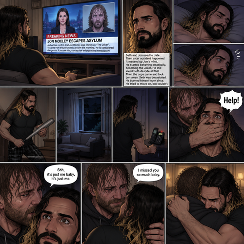 (Recap) Seth Rollins was at his house after a long day,A news report came on tv,The reporter said that Jon Moxley A.KA the Joker had escaped from the asylum that morning,Seth tensed up a bit,he and Jon used to date….then car accident happened witch messed up Jon’s mind,he started behaving erratically becoming the joker,he still loved Seth despite all that,then the cops came and took Jon away,Seth was devastated,he blamed himself ever since,he tried to move on but couldn’t. (And now part 2). Seth was asleep in his bed….then he was woken up by a noise coming from downstairs. He grabbed a bat and walked downstairs,when He got downstairs…he noticed…one of the windows in the living room was open. He got spooked. He ran to his home phone to call the police….but before he picked up the phone….someone grabbed him from behind. “Help!” Seth yelled. The person covered Seth’s mouth. Then he whispered in Seth’s ear “shh,it’s just me baby,it’s just me”. Seth recognized the voice….It was Jon. He removed his hand from Seth’s mouth. He wrapped his arms around Seth. “I missed you so much baby” Jon said Softly. Seth dropped the bat,Then tears rolled down his face. He wrapped his arms around Jon tightly while tears were still pouring down his face as if he were afraid that Jon was gonna be taken away from him again