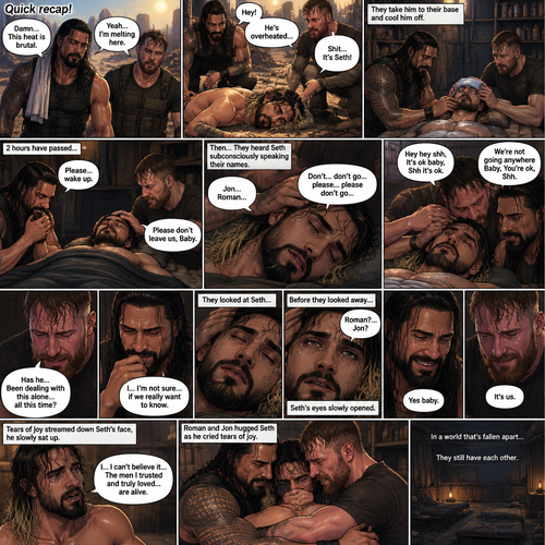 (Quick recap!) Roman reigns and Jon Moxley are in a post apocalypse,They complained about the heat,They see a man passing out because he got over heated,Turned out to be Seth Rollins (The love of their lives btw),They take him to their base and cool them off. (Now onto part 2!).2 hours have passed,Seth was still unconscious,Roman and Jon never left his side.Roman Gently held Seth’s hand. “Please…wake up” Roman pleaded softly.Jon gently stroked Seth’s head.”Please don’t leave us,Baby” Jon pleaded softly.Then….They heard Seth subconsciously speaking their names “Jon…Roman”. “Don’t…don’t go…please…please don’t go” Seth Said in his subconscious.He was having a nightmare. “Hey hey shh,It’s ok baby,Shh it’s ok” Jon said softly. “We’re not going anywhere Baby,You’re ok,Shh” Roman said softly. Seth’s body slowly relaxed.It broke their hearts to see Seth like that.Jon’s voice cracked a little while he spoke. “Has he…Been dealing with this alone…all this time?” Jon asked.Roman couldn’t even bear the thought of it. “I…I’m not sure…if we really want to know” said Roman.They looked at Seth,Before they looked away….Seth’s eyes slowly opened,He spoke softly “Roman?…Jon?”. They smiled of joy and relief. “Yes baby” Roman said softly. “It’s us” Jon said softly.Tears of joy streamed down Seth’s face,he slowly sat up,He couldn’t believe it…The men he trusted and truly loved…are alive.Roman and Jon hugged Seth as he cried tears of joy