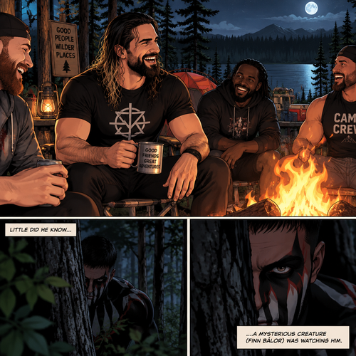 Seth Rollins was at a camp site with a group of friends,Little did he know….a mysterious creature (Finn Bálor) was watching him