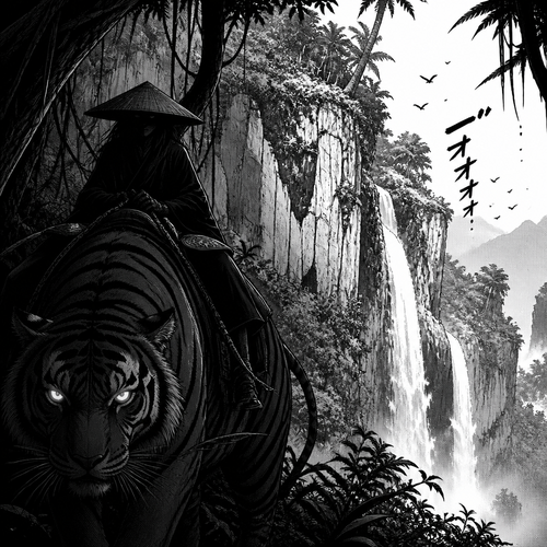 Jungle scene cliff with a waterfall And a tiger lurking in the dark with a mysterious figure on its back on a saddle.