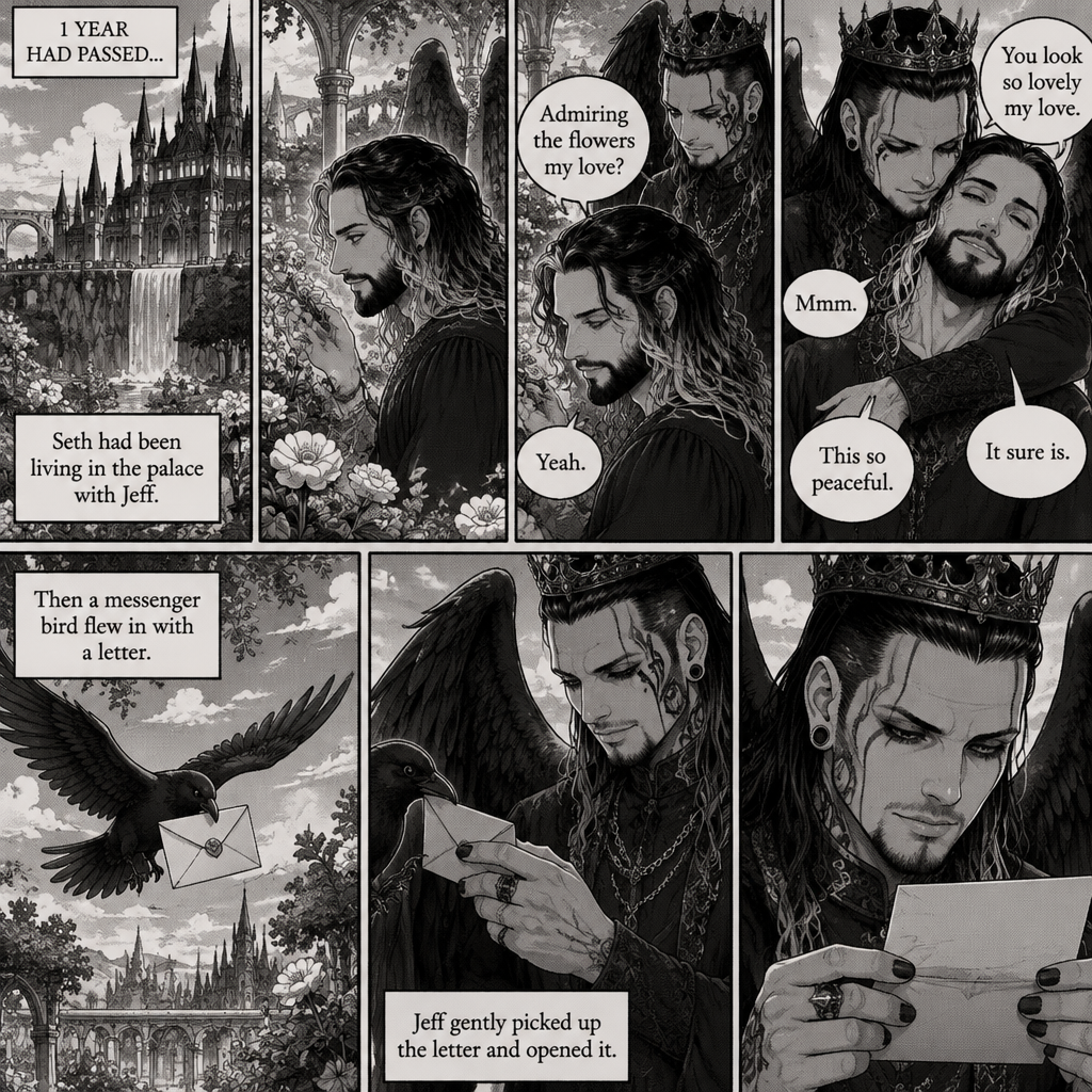(Part 4 of the dark angel X human story). 1 year had passed,Jeff Hardy (The dark angel king) and Seth Rollins are more closer than ever. Seth had been living in the palace with Jeff. One day Seth was in the garden. Jeff walked behind him. “Admiring the flowers my love?” Jeff asked. Seth smiled softly. “Yeah” Seth said softly. Jeff gently pulled Seth in his embrace. “You look so lovely my love” Jeff said softly. Seth hummed softly. “This so peaceful” Seth said softly. “It sure is” Jeff said softly. Then a messenger bird flew in with a letter. Jeff gently picked up the letter and opened it.