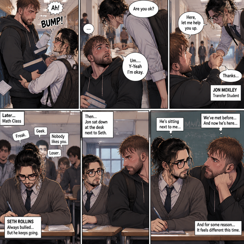 (Yandere x Nerd). Seth Rollins is a nerd in high school,He was bullied by popular students. He sat alone at a desk during math class….Then a long Came Jon Moxley (A transfer student). He sat down at the desk Next to Seth. They’ve met before this moment. Minutes earlier,Jon was walking down to his first class…Then Seth accidentally bumped into him and Jon fell down. He looked up at Seth….And saw his face. “Are you ok?” Seth asked. “Um….Y-Yeah I’m okay” Said Jon. Seth helped Jon stand up