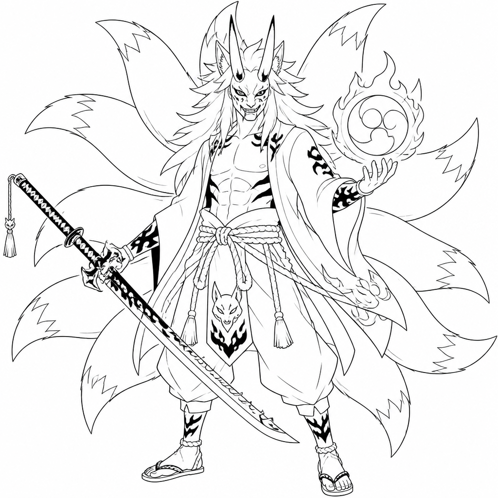 Oni Nine tailed fox humanoid with a weapon in one hand and in the other hand is holding a symbol made out of power easy level to trace