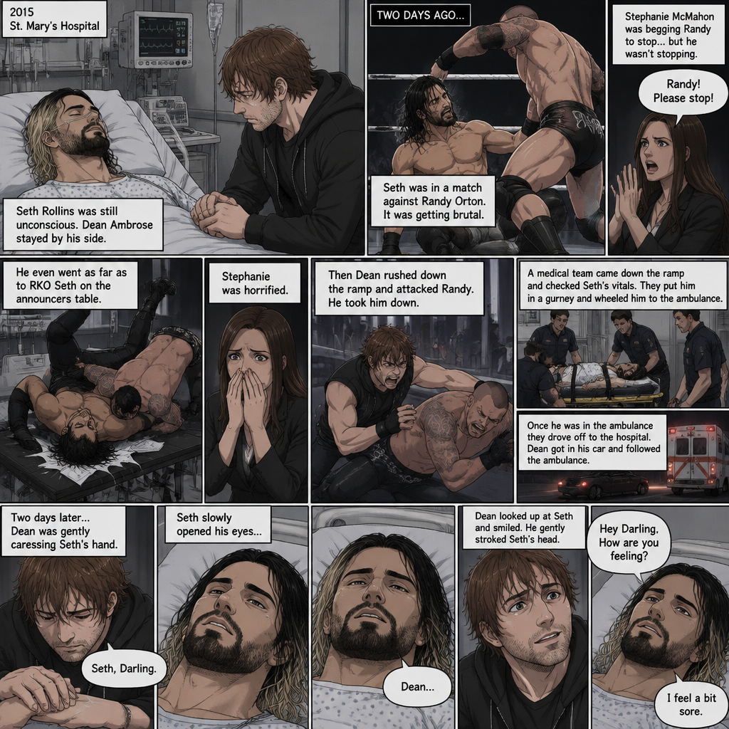 It’s the year 2015,We’re in a hospital. Seth Rollins was lying in a hospital bed unconscious. Dean Ambrose was sitting by his side and holding his hand. (What happened to Seth you ask? Well…let’s rewind to two days ago). Seth was in a match against Randy Orton. It was getting brutal. Randy was beating the heck out of Seth. Stephanie McMahon was begging Randy to stop…but Randy wasn’t stopping. He even went as far as to Rko Seth on the announcers table. Stephanie was horrified. Seth was out cold. Then Dean rushed down the ramp and attacked Randy. He took him down. A medical team came down the ramp and checked Seth’s vitals. They put him in a gurney and wheeled him to the ambulance. Once he was in the ambulance they drove off to the hospital. Dean got in his car and followed the ambulance. (Now back to two days later). Seth was still unconscious. Dean was gently caressing Seth’s hand. Then…Seth slowly opened his eyes,Dean didn’t notice. “Seth,Darling” Dean said softly. Seth looked at Dean. Seth spoke weakly “Dean”. Dean looked up at Seth and smiled. He gently stroked Seth’s head. “Hey Darling,How are you feeling?” Dean said softly. “I feel a bit sore” Seth said weakly