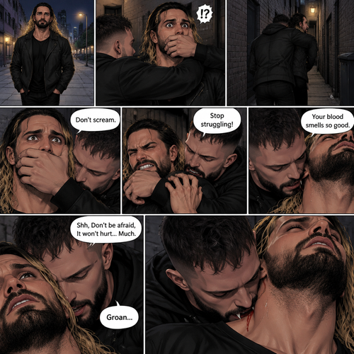 Seth Rollins was walking down a sidewalk alone at night,Then…Someone (Finn Bálor) grabbed him from behind and pulled him into an alleyway. Seth tried to yell for help but the person Covered his mouth with his hand. The person whispered in Seth’s ear “Don’t scream”. Seth struggled but the person was somehow stronger than him. “Stop struggling!” The person said with an irritated tone. Seth was breathing heavily. The person sniffed Seth’s neck. “Your blood smells so good” Said the person. Seth’s heart was pounding with fear. “Shh,Don’t be afraid,It won’t hurt…Much” The person said softly. Then…the person’s fangs pierced Seth’s neck. Seth groaned 