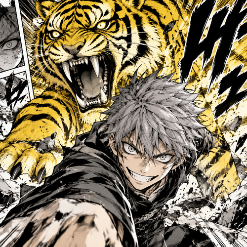 A yellow tiger behind a boy with gray hair and the boy staring into your soul with a huge grin on his face and in a battle 
