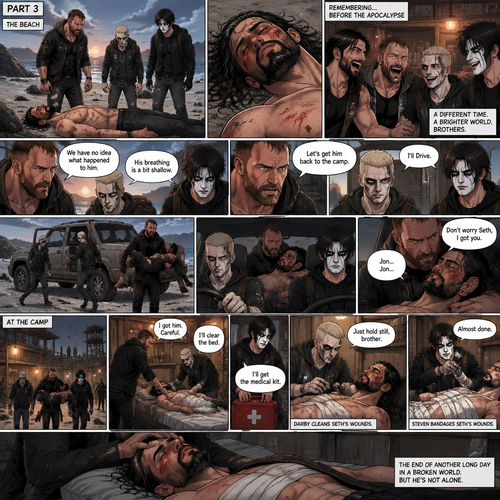 Part 3 of the apocalypse story.Jon Moxley,Darby Allin and Steven Borden (Sting’s son) Found Seth Rollins unconscious and badly injured on the beach while reminiscing about the time before the apocalypse.They had no idea what happened to him.Seth’s breathing was a bit shallow. “Let’s get him back to the camp” Said Jon. “I’ll Drive” Said Darby. Darby and Steven ran to the car,Jon lifted Seth in his arms and followed behind.Darby got in the driver’s seat,Steven got in the passenger seat and Jon got in the back while holding Seth,They drove to the camp,Then….Seth started saying Jon’s name in his unconsciousness,”Jon…Jon”,Jon held Seth tightly. “Don’t worry Seth,I got you” Jon whispered.They arrived at the camp,They got out and ran inside.Darby cleared a bed,Jon gently put Seth on it.Steven gets the medical kit while Darby Cleans Seth’s wounds,After Darby was done Steven bandaged Seth’s wounds