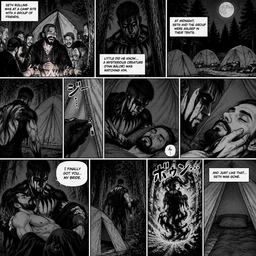 Seth Rollins was at a camp site with a group of friends,Little did he know….a mysterious creature (Finn Bálor) was watching him. At midnight,Seth and the group were asleep in their tents. The mysterious creature slowly walked towards Seth’s tent,He quietly unzipped the tent. He quietly entered the tent,Then he looked at Seth who’s still sleeping. He gently caressed Seth’s cheek. Seth hummed Softly in his sleep. The mysterious creature gently lifted the sleeping Seth in his arms. “I finally got you…My bride” The mysterious creature whispered. He quietly walked out of Seth’s tent while holding the sleeping Seth,then he teleported away
