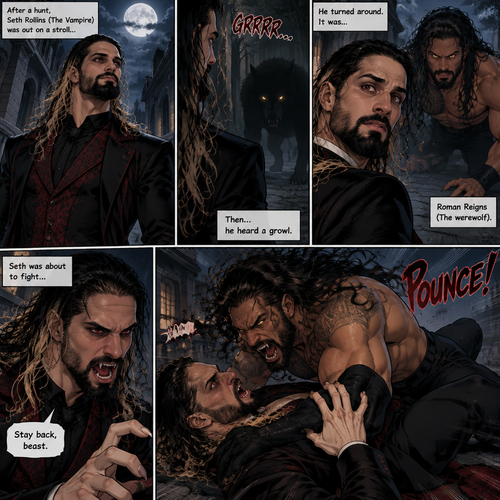 (Part 1 of the Werewolf x Vampire story). Seth Rollins (The Vampire) was out on a stroll after a hunt,Then…he heard a growl. He turned around, It was…Roman Reigns (The werewolf). Seth was about to fight,But Roman suddenly pounced on him