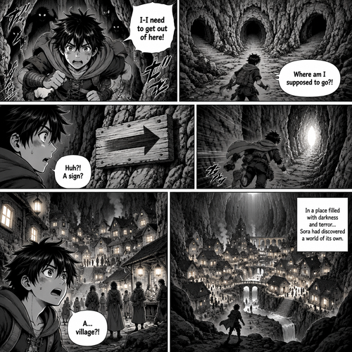 1 — Running Blindly

Sora sprints through the dark, rocky passages of the Abyss, looking frightened. Twisted rock formations surround him, and strange shadows move behind him. He has no idea where he is going.

Sora: “I-I need to get out of here!”

Panel 2 — The Unknown Path

A wide shot of Sora running through a winding passage that splits into several narrow paths. He looks around desperately, unsure which direction to take.

Sora: “Where am I supposed to go?!”

Panel 3 — Something on the Wall

Sora suddenly notices an old wooden signboard attached to a rocky wall. He skids to a stop and turns toward it. The board has a large arrow pointing down a narrow side path.

Sora: “Huh?! A sign?”

Panel 4 — Following the Arrow

Sora rushes down the side path indicated by the signboard. The narrow passage gradually opens up, and a faint glow appears ahead.

Panel 5 — An Unexpected Sight

Sora emerges from the rocky passage and freezes in shock. Before him lies a hidden village filled with small houses, winding streets, glowing lanterns, and numerous people going about their daily lives. The village is nestled between enormous dark cliffs, completely concealed from the path he came from.

Sora: “A… village?!”

Panel 6 — The Village in Full View

A breathtaking wide shot of the entire village inside the Abyss. Warm lights shine from windows, villagers walk through the streets, and smoke rises gently from chimneys. Sora stands in the foreground, tiny against the unexpected settlement.

Narration: “In a place filled with darkness and terror… Sora had discovered a world of its own.”


