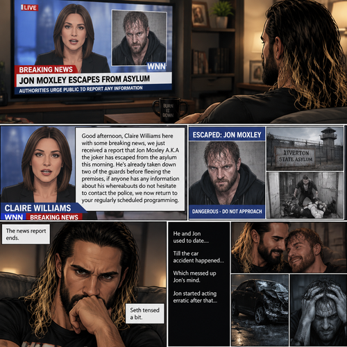 Seth Rollins was at home after a long day. He turned on the tv,A news report came on. “Good afternoon,Claire Williams here with some breaking news,we just received a report that Jon Moxley A.K.A the joker has escaped from the asylum this morning,He’s already taken down two of the guards before fleeing the premises,if anyone has any information about his whereabouts do not hesitate to contact the police,we now return to your regularly scheduled programming” said the reporter. The news report ends. Seth tensed a bit. He and Jon used to date….till the car accident happened…which messed up Jon’s mind. Jon started acting erratic after that