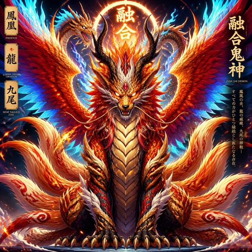 Fuse oni demon,loung dragon and nine tail  fox as a new creature that has all the best appearance form Phoenix, loung dragon and nine tailed. Front view 