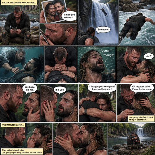 (Recap) Still in the zombie apocalypse. (This was Jon Moxley’s POV). Jon sat on a log near the river alone looking sad,He was looking at a romantic photo of him and Seth Rollins before the apocalypse began,He thought Seth died the day of the apocalypse started 4 years ago,He gently kissed the photo and said he misses Seth So much,He saw someone fall down the waterfall,he jumped in the water,As he swam he got a better look at the person,It turned out to be Seth,He swam faster and got him,He was to shore and Gently placed Seth’s down,He did CPR and mouth to mouth on Seth,When all hope seemed lost Seth coughed out water,Jon gently held Seth with tears of joy streaming down his face,Seth slowly opened his eyes,”Jon?” Seth asked weakly. (And now part 4). Jon gently placed his hand on Seth’s cheek. “Yes baby,It’s me” Jon said Softly. Seth gently placed his hand on Jon’s cheek to see if he’s real,Tears streamed down his face. “It is you” Seth said through his tears. Jon gently pulled Seth into a hug,Seth cried on Jon’s shoulder. Jon gently stroked the back of Seth’s head while Seth continued to cry on Jon’s shoulder. “I thought you were gone!,I was really scared!” Seth said through his tears. “Oh my poor baby,It’s ok,I’m here now” Jon said softly. Jon Gently rubbed Seth’s back to try to soothe him. After 2 minutes,Seth slowly stopped crying. They looked at each other,Jon gently wiped away the tears on Seth’s face,Then they kissed each other
