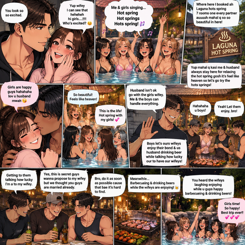 Husband look at the so so excited yup wifey I can see that heheheh hi girls….!!!! Who’s excited 😆 then me & girls singing hot spring hot springs hots spring then u boys laughing girls are happy guys hahahaha lov u husband mwah 😘 Where here I booked ah Laguna hots spring 7rooms one every partner auuuuh mahal q so so beautiful in here yup mahal q kasi me & husband always stay here for relaxing the hot spring gosh it’s feel like heaven so let’s go try the hots springs & the boys let them prepare the food hahahaha husband isn’t ok go with the girls wifey me & the boys can handle everything boys let’s ours wifeys enjoy their bond & us husband drinking beer while talking how lucky our to have our wifeys & getting to them talking how lucky I’m a to my wifey yes this is secret guys wanna propose to my wifey but we thought you guys are married already we’re I’m just planning to propose here u guys answered bro do it as soon as possible cause that bae it’s hard to fined then u heard the wifeys laughing enjoying while u guys happy barbecueing & drinking beers 