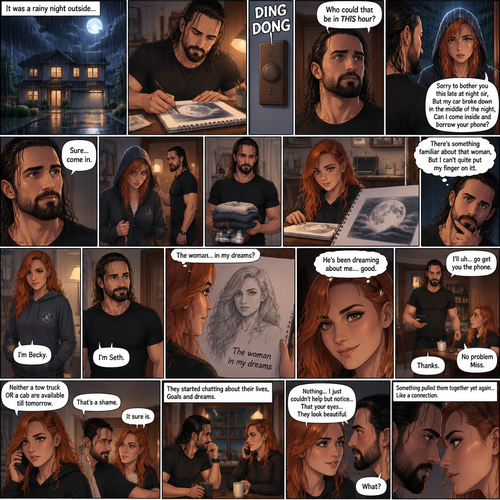It was a rainy night outside,Seth Rollins was alone in his house,He drawing a picture of the moon on his notebook.Then the doorbell rang. “Who could that be in THIS hour?” Seth  asked himself. He got up and opened the door,A young Irish woman (Becky Lynch) was standing outside on his porch soaking wet from the rain wearing a hood. “Sorry to bother you this late at night sir,But my car broke down in the middle of the night,Can I come inside and borrow your phone?” Asked the woman.Seth looked at the woman,There was this…aura about her that he couldn’t quite explain.He decided to let her in. “Sure..come in” said Seth.The woman walked in and Seth shut the door.He walked out to his bedroom to get the woman some nice dry clothes to wear,The woman was waiting in the kitchen,She noticed the drawing on the table.She smiled.Seth came back and handed her the clothes. “Thanks” said the Woman. “No problem Miss” Said Seth.The woman went to the bathroom to change. “There’s something familiar about that woman,But I can’t quite put my finger on it” Seth said to himself.After a while she came out wearing the clothes.She sat down at the table with him.”I’m Becky” Said Becky. “I’m Seth” Said Seth.There was something between them,Pulling them together.”I’ll uh…go get you the phone” Seth said nervously .He gets up to get the phone from the living room.Becky looked at his other drawings while she waited,Then…She spotted a drawing of a young woman.The drawing was called “The woman in my dreams”.That woman….was Becky herself.She simply smiled to herself. “He’s been dreaming about me….good” Becky said to herself.Seth came back with the phone in his hand,He handed it to her.Becky used the phone to call a tow truck company and then a cab.After awhile she hung up the phone with a disappointed look on her face. “Neither a tow truck OR a cab are available till tomorrow” Said Becky.Seth had a sympathetic look on his face. “That’s a shame” Said Seth. “it sure is” Said Becky.They started chatting about their lives,Goals and dreams.Becky got a bit closer to Seth. “What?” Asked Seth “Nothing…I just couldn’t help but notice…That your eyes…They look beautiful” Said Becky.Seth blushed a little.Something pulled them together yet again…Like a connection