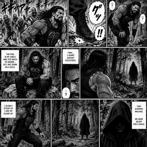 Roman Reigns is in a zombie apocalypse,He walking in the woods. He hurt his ankle while running away from a zombie horde. He’s far away from them and limping in the woods. The pain in his ankle was too much to ignore so he sat down on a rock,he sat there for a while….then….he heard distant footsteps. He looked behind him. There’s a hooded figure in the distance. He slowly stood up,he had his guard up. The hooded figure stopped walking. They were silent for a while
