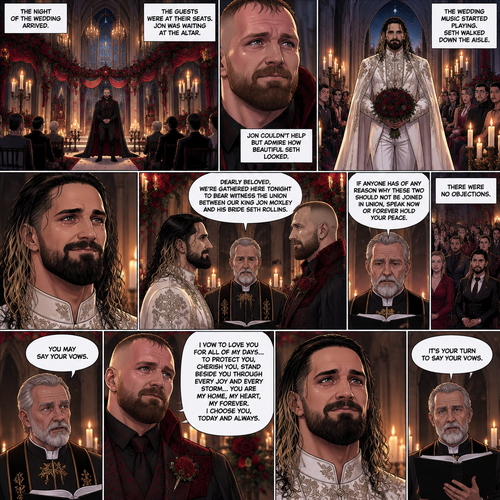 (Recap) Seth Rollins (The vampire hunter turned Bride of the Vampire king) Reunited with his long lost brother Aj Styles,Time skip to 3 days before the wedding,Seth and Jon Moxley (Vampire King) were still preparing,Aj helped out,The night before Aj had told Jon and Seth that he’s a werewolf,Seth and Jon were shocked but were happy that Aj was being honest with them,Seth was on the balcony Looking at the view and Looking nervous about the wedding,Jon appeared behind him checking in on him,“Can’t sleep?” Jon asked,“No” Said Seth,Jon wrapped his arms around him,“What’s on your mind?” Jon asked,”I’m just very nervous about our wedding,Don’t get me wrong I want to marry you…It’s just….what if I mess up? What if people don’t like me?…what if…..I’m not enough….for you?” Said Seth,”Look at me my love” Jon said softly,Seth looked up at him,”You’re not gonna mess up,I’ll be right with you,If people don’t like you they’ll have to deal with me,You ARE enough for me,You’re the only one I want,The ONLY one i love,You’re mine..and I’m yours,For eternity” Jon said softly,Seth’s heart fluttered,Jon kissed him softly,”I love you” Jon said Softly,”I love you too” Seth said softly,They kissed again. (And now part 9) The night of the wedding arrived,The guests were at their seats. Jon was waiting at the altar. The wedding music started playing. Seth walked down the aisle. Jon couldn’t help but admire how beautiful Seth looked. Seth got to the altar. “Dearly beloved,We’re gathered here Tonight to bear witness the union between Our King Jon Moxley and his Bride Seth Rollins” Said the officiant. “If anyone has of any reason why these two should not be joined in union,Speak now or forever hold your peace” The officiant continued. There were no objections. The officiant looked at Jon and said “You may say your vows”. Jon says his vows. Afterwards The officiant looked at Seth and said “It’s your turn to say your vows”