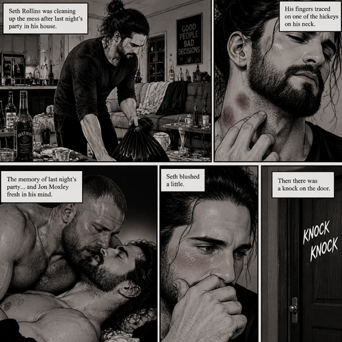 (Part 2) Seth Rollins was cleaning up the mess after last night’s party in his house. His fingers traced on one of the hickeys on his neck. The memory of last night’s party…and Jon Moxley Fresh in his mind. Seth blushed a little,Then there was a knock on the door