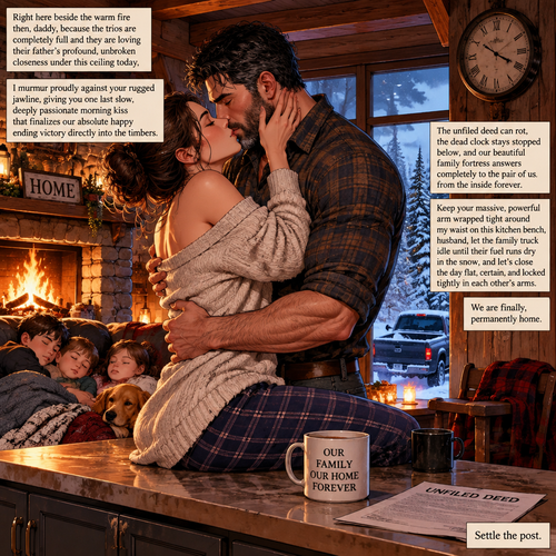 right here beside the warm fire then, daddy, because the trios are completely full and they are loving their father's profound, unbroken closeness under this ceiling today, I murmur proudly against your rugged jawline, giving you one last slow, deeply passionate morning kiss that finalizes our absolute happy ending victory directly into the timbers.iThe unfiled deed can rot, the dead clock stays stopped below, and our beautiful family fortress answers completely to the pair of us from the inside forever. Keep your massive, powertul arm wrapped tight around my waist on this kitchen bench, husband, let the family truck idle until their fuel runs dry in the snow, and let's close the day flat, certain, and locked tightly in each other's arms. We are finally, permanently home.
Settle the post."
Scenarios
Milestones
Tension
