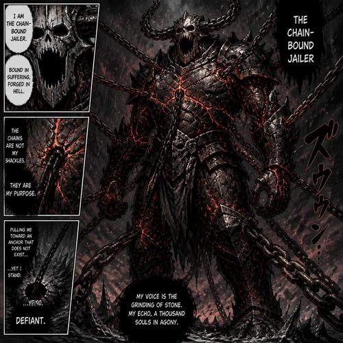 Zanpoctō spirit

3. Hell-Infused: "The Chain-Bound Jailer"

   Appearance: The largest of the three, a towering knight clad in heavy, jagged armor forged from Hellstone. The armor is matte black, rough like cooled lava, with veins of molten crimson magma pulsing through the cracks.
   Face: No face is visible beneath a helmet shaped like a screaming skull made of bone and iron. Two curved horns, made of twisted chain links, protrude from the sides.
   Details: Massive, rusted chains are embedded directly into its flesh, piercing through the shoulders, chest, and thighs. These chains do not hang loose; they are taut, as if pulling the entity toward an invisible anchor in the ground. Despite this, the entity stands defiant.
   Aura: An oppressive, crushing weight. The air smells of sulfur, old blood, and damp earth. The temperature drops sharply near it, freezing the moisture in the air into black ice.
   Voice: Deep, resonant, and slow, sounding like boulders grinding together deep underground. It carries an echo of a thousand suffering souls
