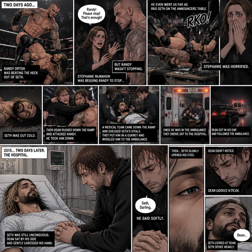 It’s the year 2015,We’re in a hospital. Seth Rollins was lying in a hospital bed unconscious. Dean Ambrose was sitting by his side and holding his hand. (What happened to Seth you ask? Well…let’s rewind to two days ago). Seth was in a match against Randy Orton. It was getting brutal. Randy was beating the heck out of Seth. Stephanie McMahon was begging Randy to stop…but Randy wasn’t stopping. He even went as far as to Rko Seth on the announcers table. Stephanie was horrified. Seth was out cold. Then Dean rushed down the ramp and attacked Randy. He took him down. A medical team came down the ramp and checked Seth’s vitals. They put him in a gurney and wheeled him to the ambulance. Once he was in the ambulance they drove off to the hospital. Dean got in his car and followed the ambulance. (Now back to two days later). Seth was still unconscious. Dean was gently caressing Seth’s hand. Then…Seth slowly opened his eyes,Dean didn’t notice. “Seth,Darling” Dean said softly. Seth looked at Dean. Seth spoke weakly “Dean”
