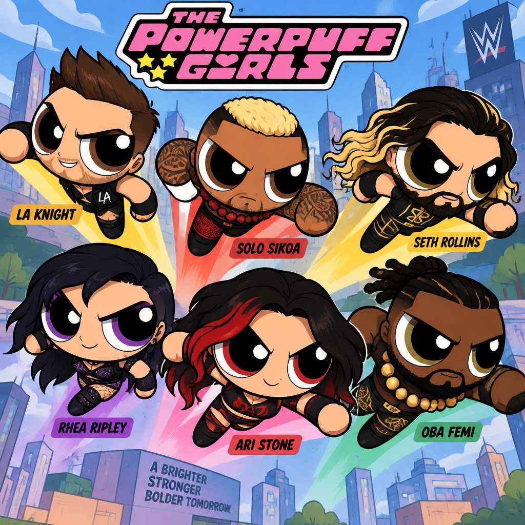 LA Knight,Solo Sikoa,Seth Rollins,Oba Femi,Rhea Ripley and Ari Stone (My wrestler oc) in The powerpuff girls