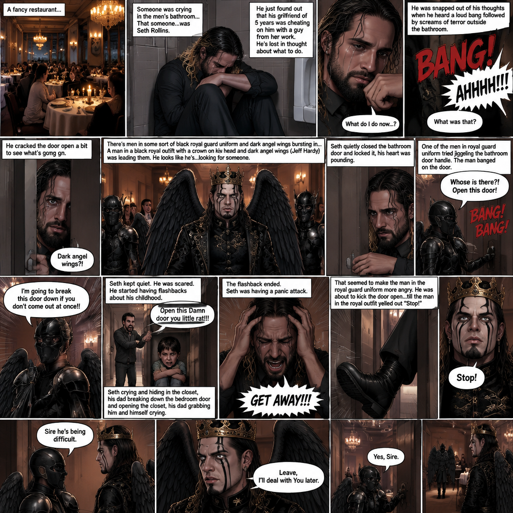 There’s a fancy restaurant,someone was crying in the men’s bathroom,That someone…was Seth Rollins. He just found out that his girlfriend of 5 years was cheating on him with a guy from her work. He’s Lost in thought about what to do. He was snapped out of his thoughts…when…he heard a loud bang followed by screams of terror outside the bathroom. “What was that?” Seth asked himself. He cracked the door open a bit to see what’s going on. There’s men in some sort of black royal guard uniform and dark angel wings bursting in…wait…Dark angel wings?!. A man in a black royal outfit with a crown on his head and dark angel wings (Jeff Hardy) was leading them,He looks like he’s…looking for someone. Seth quietly closed the bathroom door and locked it,his heart was pounding. Then…One of the men in royal guard uniform tried jiggling the bathroom door handle. Seth slowly and quietly backed away from the door. The man in the royal guard uniform banged on the door. “Whose is there?! Open this door!” The man in the royal guard uniform yelled. Seth kept quiet while the man kept banging on the door. “I’m going to break this door down if you don’t come out at once!!” The man in the royal guard uniform yelled. Seth was scared,He stared having flashbacks about his childhood. His dad yelling at him “Open this Damn door you little rat!!!”. Seth crying and hiding in the closet,his dad breaking down the bedroom door and opening the closet,his dad grabbing him and himself crying. The flashback ended. Seth was having a panic attack. “GET AWAY!!!” Seth yelled at the door. That seemed to make the man in the royal guard uniform more angry,He was about to kick the door open…till the man in the royal outfit yelled out “Stop!” At the guard. The guard backed down. The man in royal outfit walked over to the guard. “Sire he’s being difficult” the guard said. “Leave,I’ll deal with You later” the royal man said to the guard. The guard knew better than to argue so he did what the royal man asked