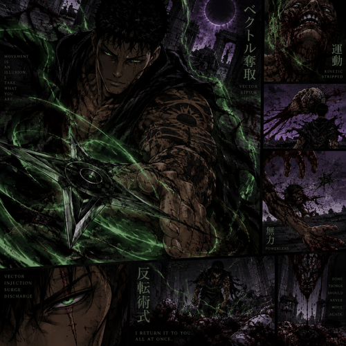 Generate image of my character that is based off of the show JJK, I want the image of him in battle,my characters name is Zaire he is a mix of human and Sumerion, he is male 6 foot 8 inches, dark short black hair, nice tan skin, has tattoos, captivating green eyes, toned body, his curse tool is a ninja star that strips away, kinetic momentum of target, his cursed technique is vector siphon, and his reversal technique is Vector Injection (or Surge / Discharge), his power energy is green, I want to be able to see his arm and some of his chest that are covered in tattoos, I also want him to have a scar going across his left eye, and I want the image gory
Use colors green purple black