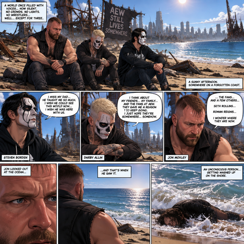 It’s a post apocalyptic world,There was no one walking down on the land….well….except for three AEW wrestlers! Jon Moxley,Darby Allin and Steven Borden (Sting’s son).They worked together side by side in this post apocalyptic world.They thought they were the last wrestlers alive….but little did they know…that on this day….they would be proven wrong.It was a sunny afternoon,Jon,Darby and Steven were just sitting near a beach talking and reminiscing about the time before this world became barren.Steven was reminiscing about his dad and how much he misses him,Darby was reminiscing about his friends,His family and the fans at AEW.Jon was sitting silently,Thinking about the fans at AEW and some other people in his life…He was also thinking about…Seth Rollins and Roman Reigns.He looked at the ocean….That’s when he saw….and unconscious person getting washed up on the shore